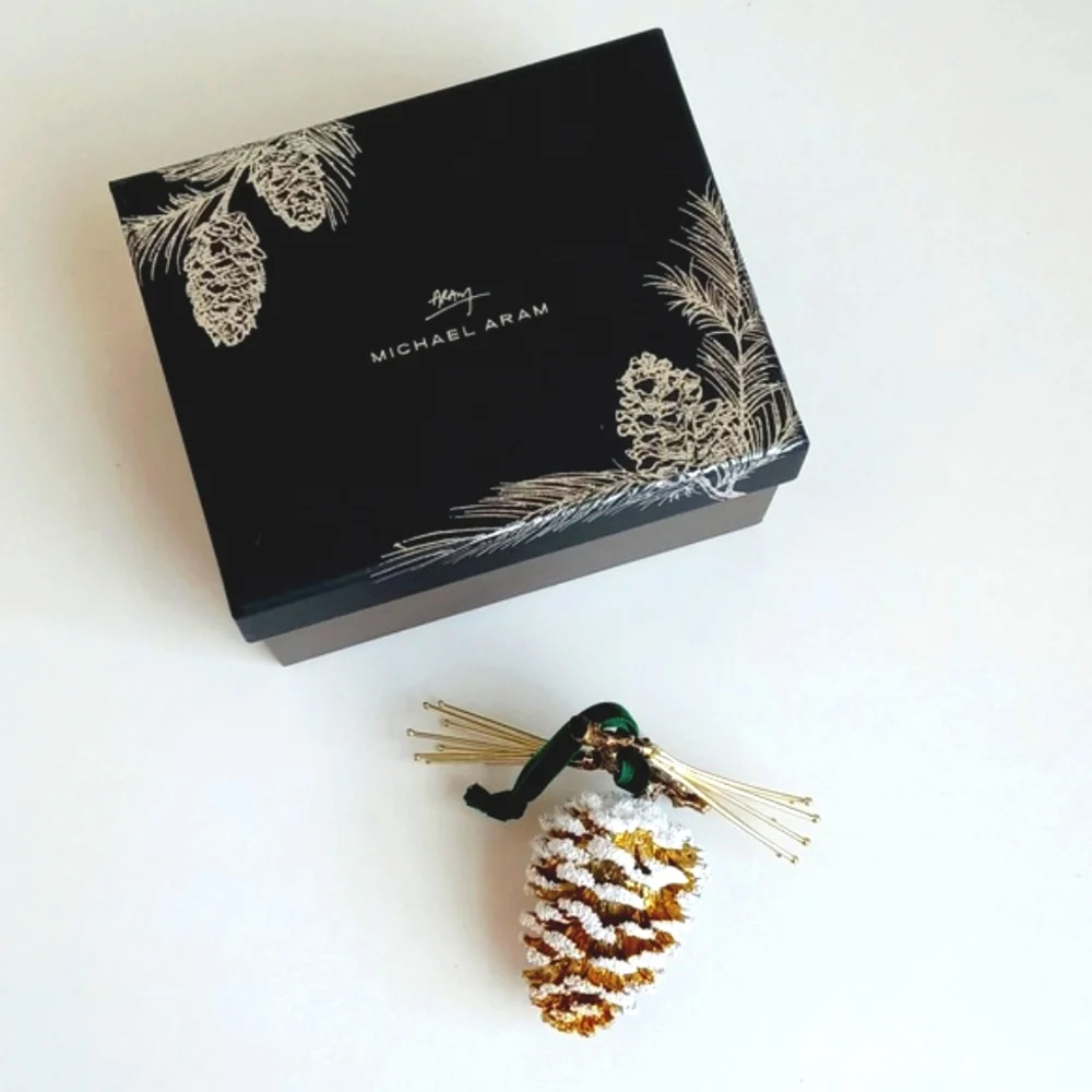 NIB Michael Aram Pine Cone Snowy Ornament With Green Velvet Ribbon - Picture 1 of 15